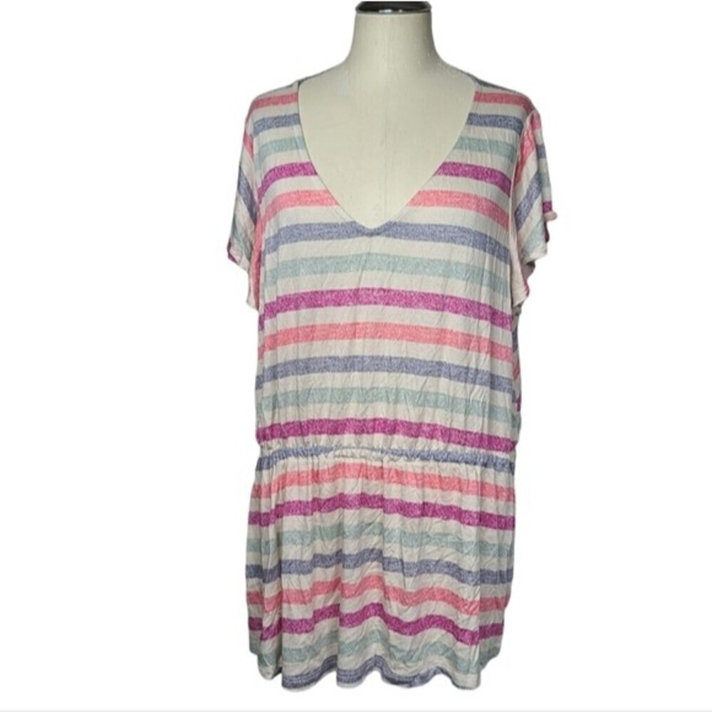 Lane Bryant Colorful Multi Colored Striped V Neck Short Sleeve Shirt 18/20